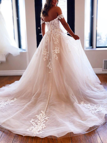 Off Shoulder White Lace Long Prom Dresses with Train, White Lace Wedding Dresses, White Tulle Formal Evening Dresses SP2273