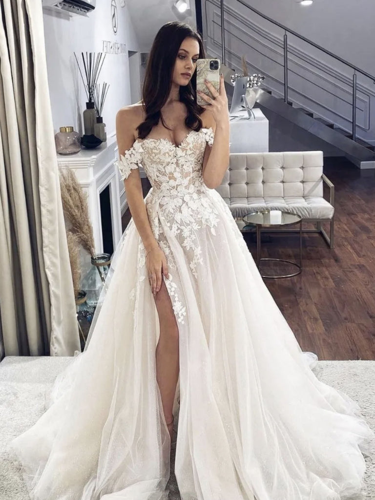 Off Shoulder White Lace Long Prom Wedding Dresses, White Lace Formal Graduation Evening Dresses SP2516 Off Shoulder White Lace Long Prom Wedding Dresses, White Lace Formal Graduation Evening Dresses SP2516