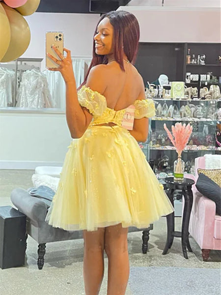 Off Shoulder Yellow Lace Floral Prom Dresses, Yellow Lace Homecoming Dresses, Short Yellow Formal Evening Dresses SP2448