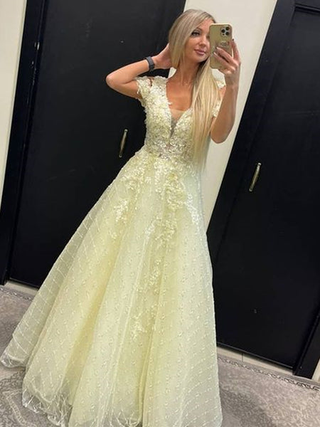 Off Shoulder Yellow Lace Tulle Long Prom Dresses, Yellow Lace Formal Dresses, Yellow Evening Dresses SP2203
