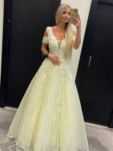 Off Shoulder Yellow Lace Tulle Long Prom Dresses, Yellow Lace Formal Dresses, Yellow Evening Dresses SP2203