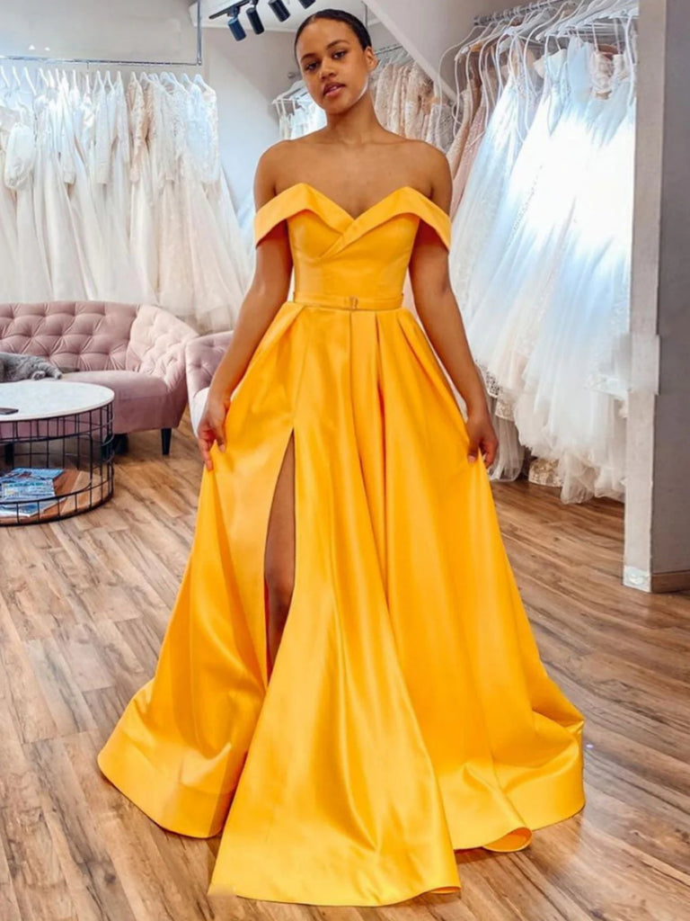 Off Shoulder Yellow Satin Long Prom Dresses with High Slit, Off the Shoulder Yellow Formal Dresses, Yellow Evening Dresses SP2554