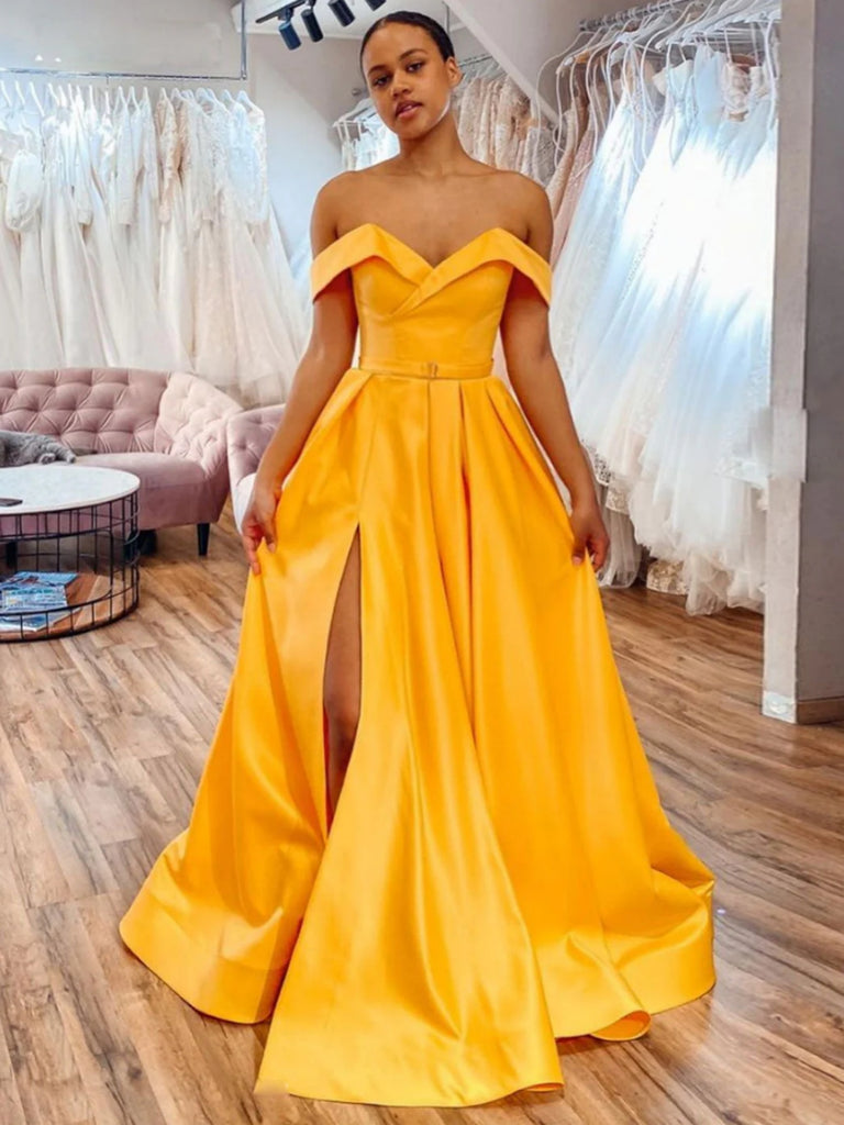 Off Shoulder Yellow Satin Long Prom Dresses with High Slit, Off the Sh