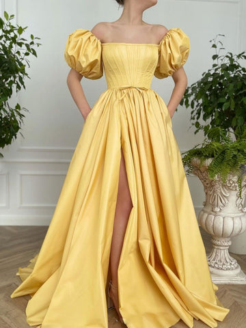 Off Shoulder Yellow Satin Long Prom Dresses with High Slit, Off the Shoulder Yellow Formal Evening Dresses SP2226