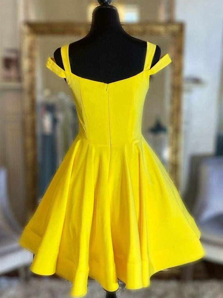 Off Shoulder Yellow Satin Short Prom Dresses, Off the Shoulder Yellow Shiny Party Off Shoulder Yellow Satin Short Prom Dresses, Off the Shoulder Yellow Shiny Party