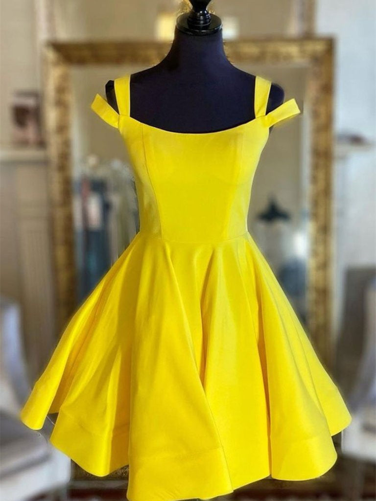Off Shoulder Yellow Satin Short Prom Dresses, Off the Shoulder Yellow Shiny Party Off Shoulder Yellow Satin Short Prom Dresses, Off the Shoulder Yellow Shiny Party