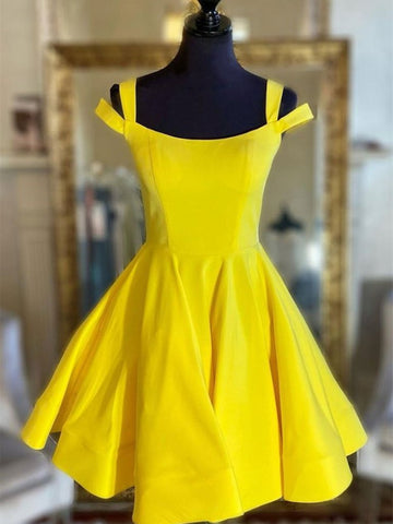Off Shoulder Yellow Satin Short Prom Dresses, Off the Shoulder Yellow Homecoming Dresses, Short Yellow Formal Evening Dresses