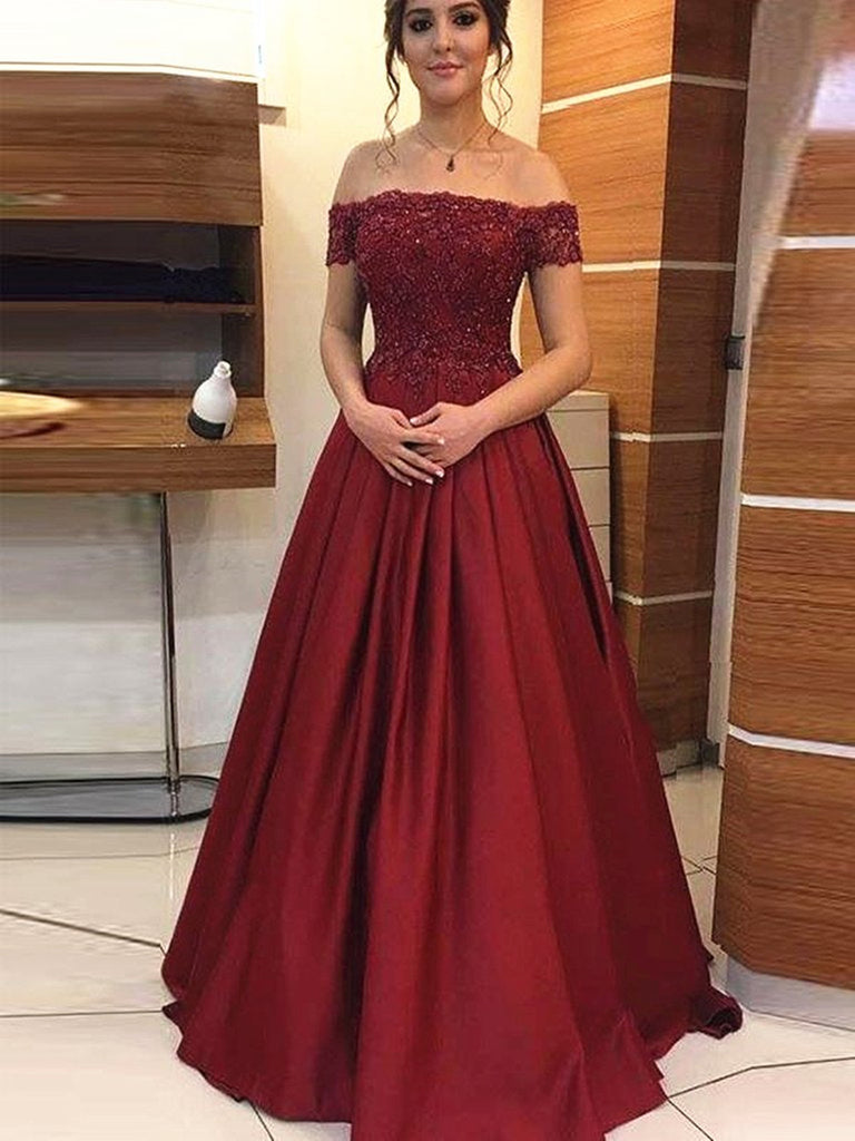 Off Shoulder Beaded Lace Burgundy Long Prom Dresses, Off the Shoulder Burgundy Formal Dresses, Burgundy Lace Evening Dresses