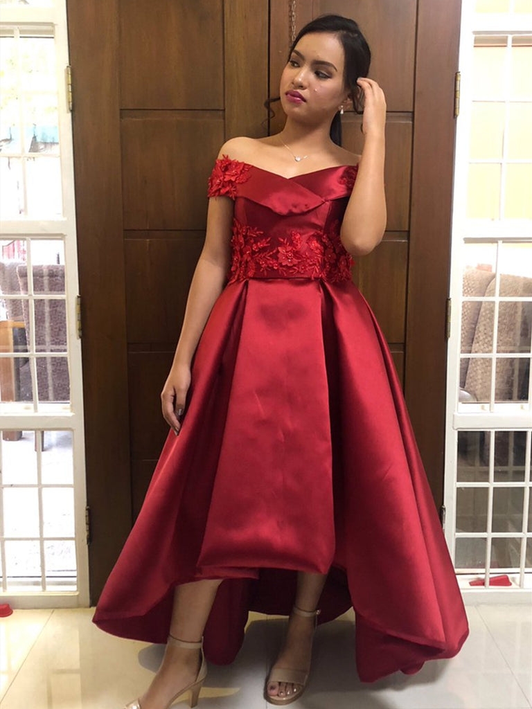 Off Shoulder High Low Satin Lace Burgundy Prom Dresses with Appliques, Shiny Party Off Shoulder High Low Satin Lace Burgundy Prom Dresses with Appliques, Shiny Party