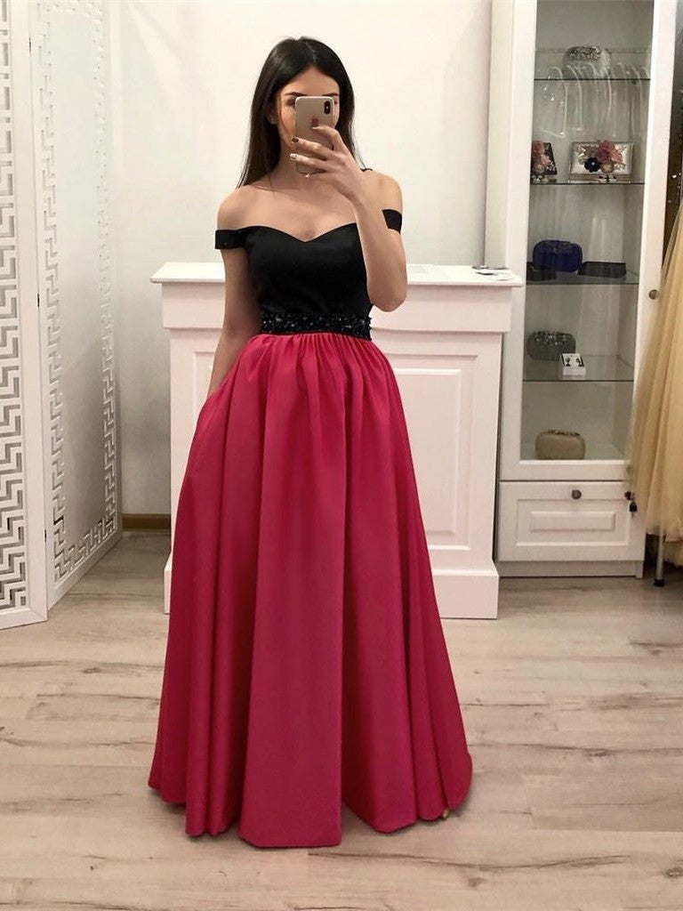 Off Shoulder Hot Pink Satin Black Top Long Prom Dresses with Pockets, Off Shoulder Formal Dresses Graduation Dresses Evening Dresses Off Shoulder Hot Pink Satin Black Top Long Prom Dresses with Pockets, Off Shoulder Formal Dresses Graduation Dresses Evening Dresses