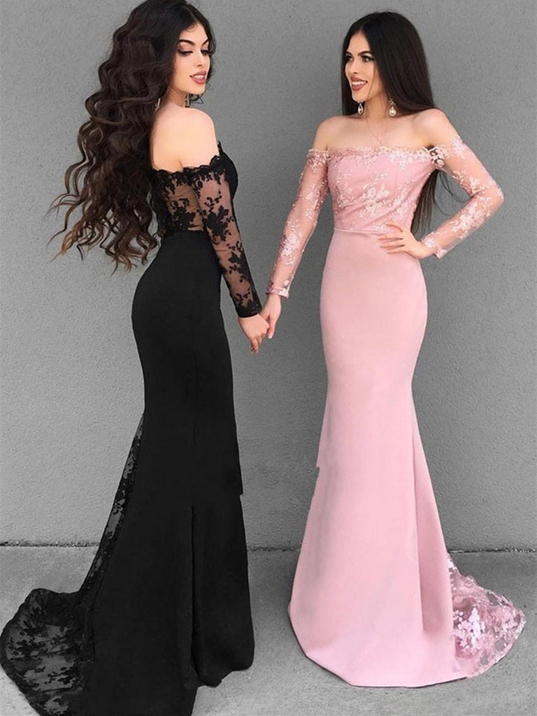 Off Shoulder Long Sleeves Mermaid Lace Black/Pink Prom Dresses, Lace Black Bridesmaid Dresses, Formal Dresses Off Shoulder Long Sleeves Mermaid Lace Black/Pink Prom Dresses, Lace Black Bridesmaid Dresses, Formal Dresses