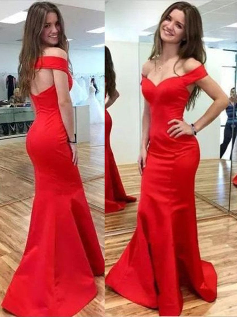 Off Shoulder Mermaid Red Prom Dresses, Red Off Shoulder Graduation Dresses, Formal Dresses
