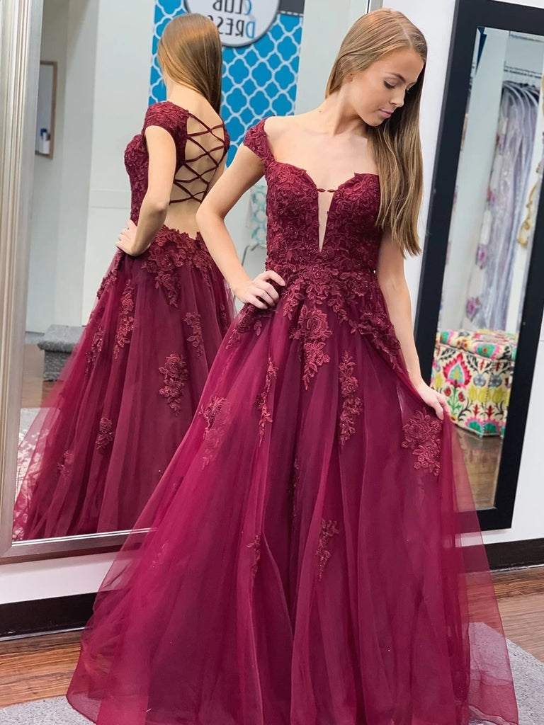 Off Shoulder Open Back Burgundy Lace Prom Dresses 2020, Cap Sleeves Ma Shiny Party Off Shoulder Open Back Burgundy Lace Prom Dresses 2020, Cap Sleeves Ma Shiny Party