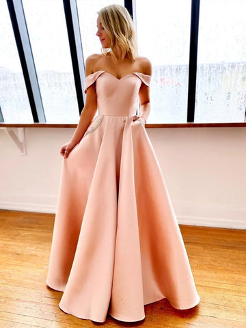 Off Shoulder Pink Long Prom Dresses with Pocket, Off the Shoulder Pink Formal Dresses, Pink Evening Dresses