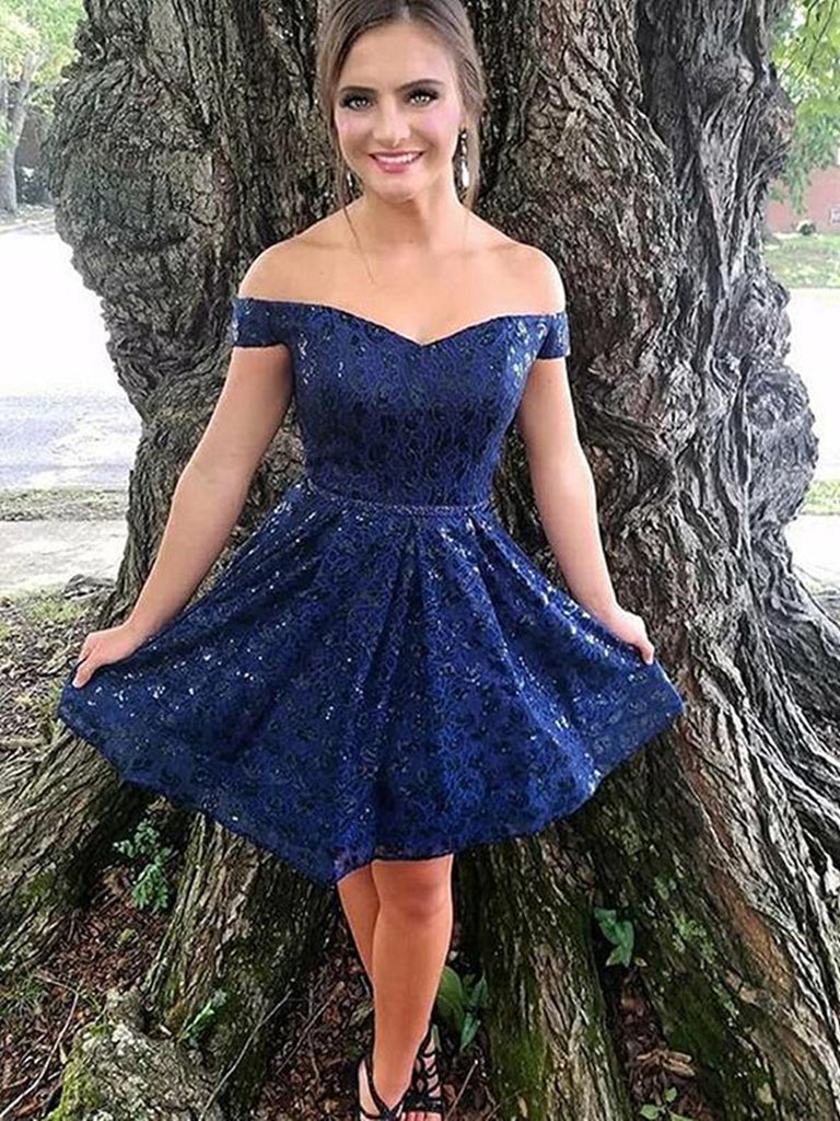 Off Shoulder Short Navy Blue Lace Prom Dresses, Short Navy Blue Lace Formal Homecoming Dresses Off Shoulder Short Navy Blue Lace Prom Dresses, Short Navy Blue Lace Formal Homecoming Dresses