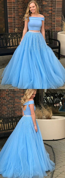 Off Shoulder Two Piece Beading Pink/Sky Blue Prom Dresses, Two Piece Pink/Sky Blue Formal Dresses, Two Piece Long Evening Dresses