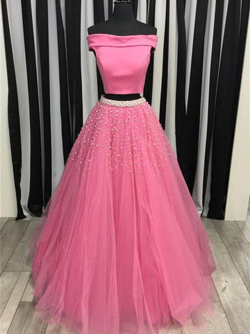 Off Shoulder Two Piece Beading Pink/Sky Blue Prom Dresses, Two Piece Pink/Sky Blue Formal Dresses, Two Piece Long Evening Dresses