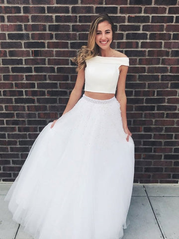 Off Shoulder Two Pieces Beaded Long White Prom Dresses with Beading, Off Shoulder White Formal Dresses, Two Pieces White Evening Dresses