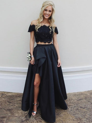 Off Shoulder Two Pieces Lace Top Long Black Prom Dresses with Split, High-Low Two Pieces Lace Black Formal Dresses, Black Lace Evening Dresses