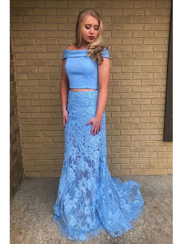 Off Shoulder Two Pieces Mermaid Lace Light Blue Long Prom Dresses with Train, Light Blue Lace Formal Dresses, Evening Dresses
