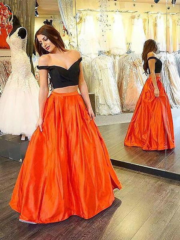 Off Shoulder Two Pieces Orange Prom Dress, Off Shoulder Green Prom Dress