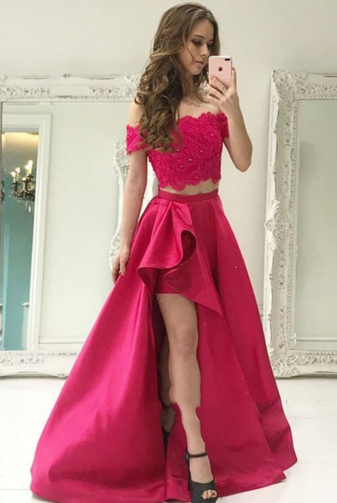 Off Shoulder Two Pieces White/Red Lace Prom Dress With Slit, White/Red Shiny Party Off Shoulder Two Pieces White/Red Lace Prom Dress With Slit, White/Red Shiny Party