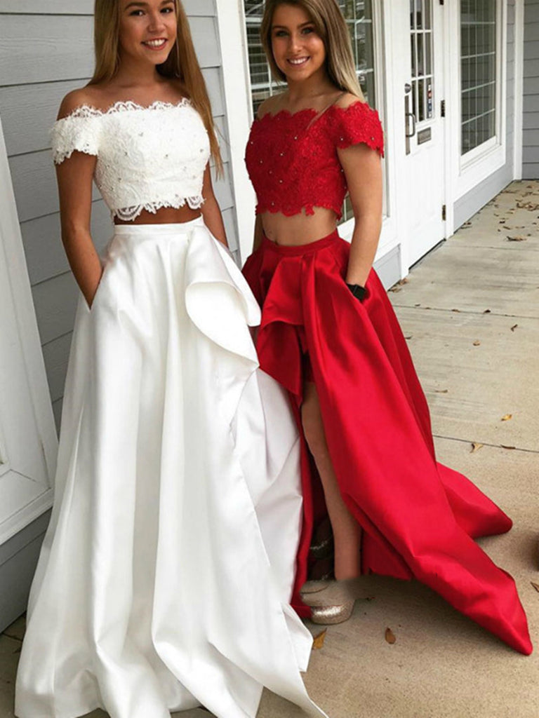 Off Shoulder Two Pieces White/Red Lace Prom Dress With Slit, White/Red Formal Dress