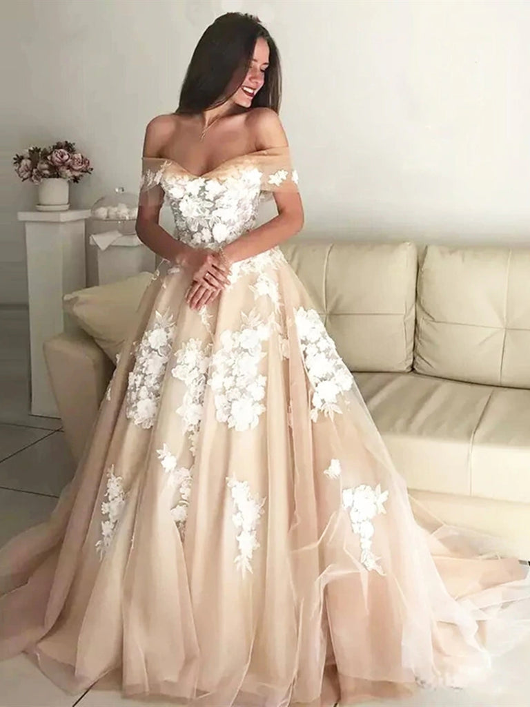 white champagne prom dresses A Line V Neck Champagne Tulle Long Prom Dress with White Lace, Champagne Formal Dress with Appliques, Evening Dress