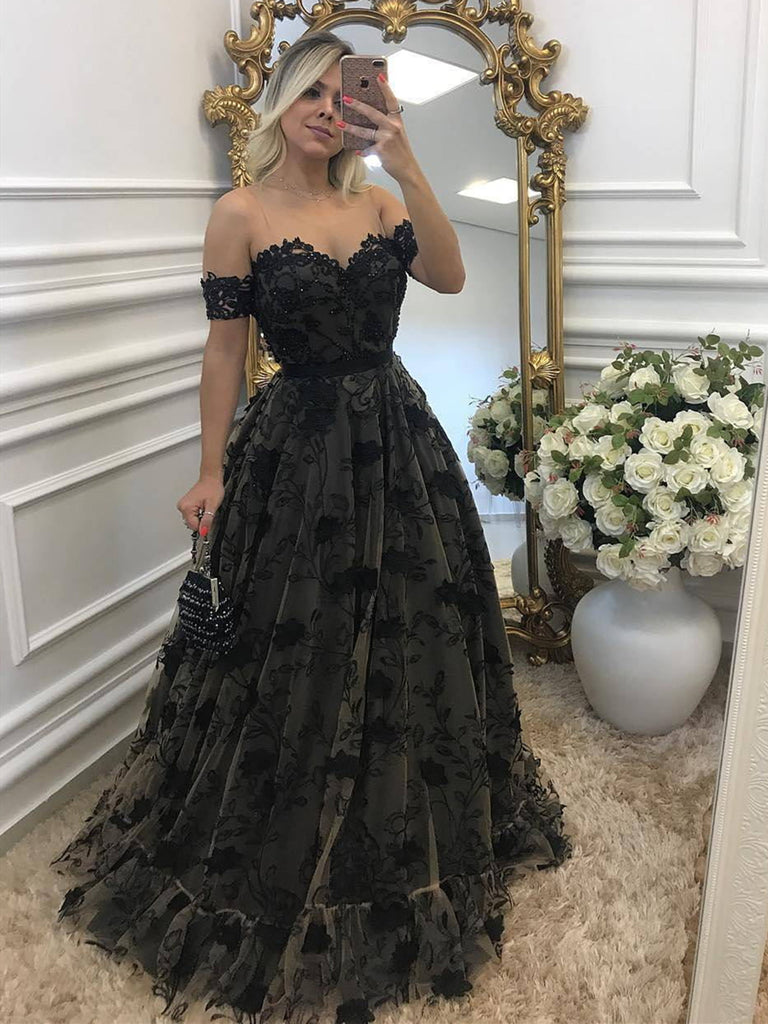 Off Shouler Black Lace Long Prom Dresses with Appliques, Off Shoulder Black Formal Dresses, Evening Dresses 2019