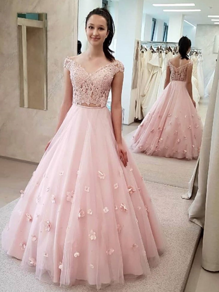 Off the Shoulder 2 Pieces Pink Lace Prom Dresses with 3D Flowers, Off Shoulder Pink Lace Formal Dresses, Two Pieces Pink Lace Evening Dresses