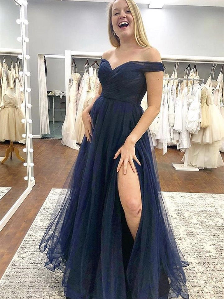 Off the Shoulder Blue Tulle Long Prom Dresses with Slit, Off Shoulder Shiny Party Off the Shoulder Blue Tulle Long Prom Dresses with Slit, Off Shoulder Shiny Party