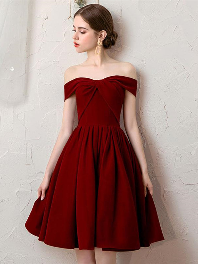 Off the Shoulder Burgundy Short Prom Dresses, Off Shoulder Burgundy Ho