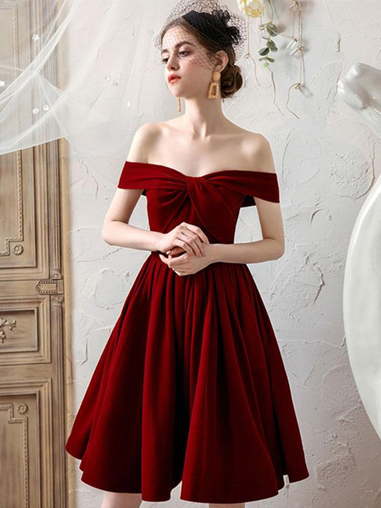 Off the Shoulder Burgundy Short Prom Dresses, Off Shoulder Burgundy Homecoming Dresses, Burgundy Formal Graduation Evening Dresses Off the Shoulder Burgundy Short Prom Dresses, Off Shoulder Burgundy Homecoming Dresses, Burgundy Formal Graduation Evening Dresses