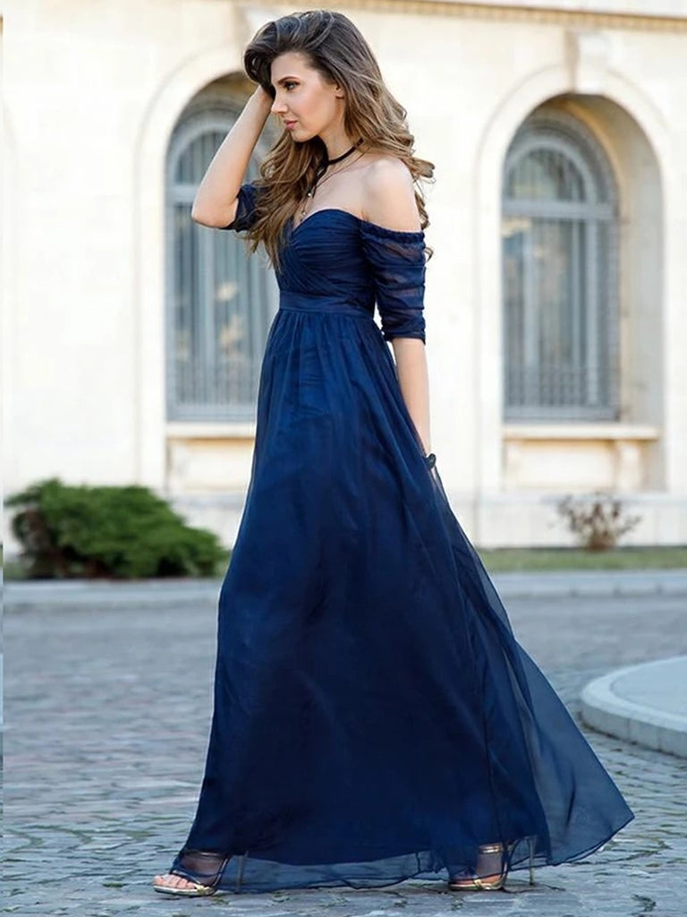 Off the Shoulder Half Sleeves Navy Blue Long Prom Dresses Bridesmaid Dresses, Off Shoulder Navy Blue Formal Graduation Evening Dresses Off the Shoulder Half Sleeves Navy Blue Long Prom Dresses Bridesmaid Dresses, Off Shoulder Navy Blue Formal Graduation Evening Dresses