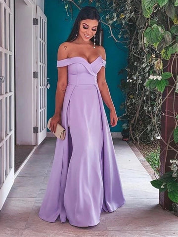 Off the Shoulder Purple Long Prom Dresses with High Slit, Off Shoulder Purple Formal Dresses, Purple Evening Dresses