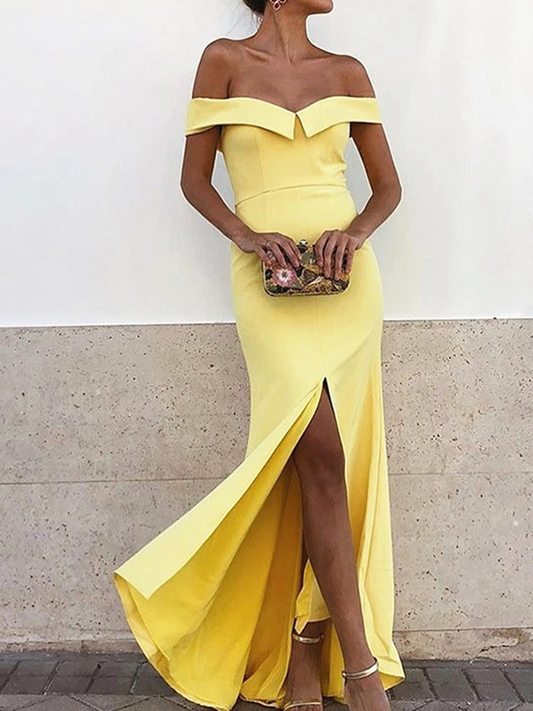 Off the Shoulder Yellow Prom Dresses with Slit, Off Shoulder Long Yellow Formal Graduation Dresses