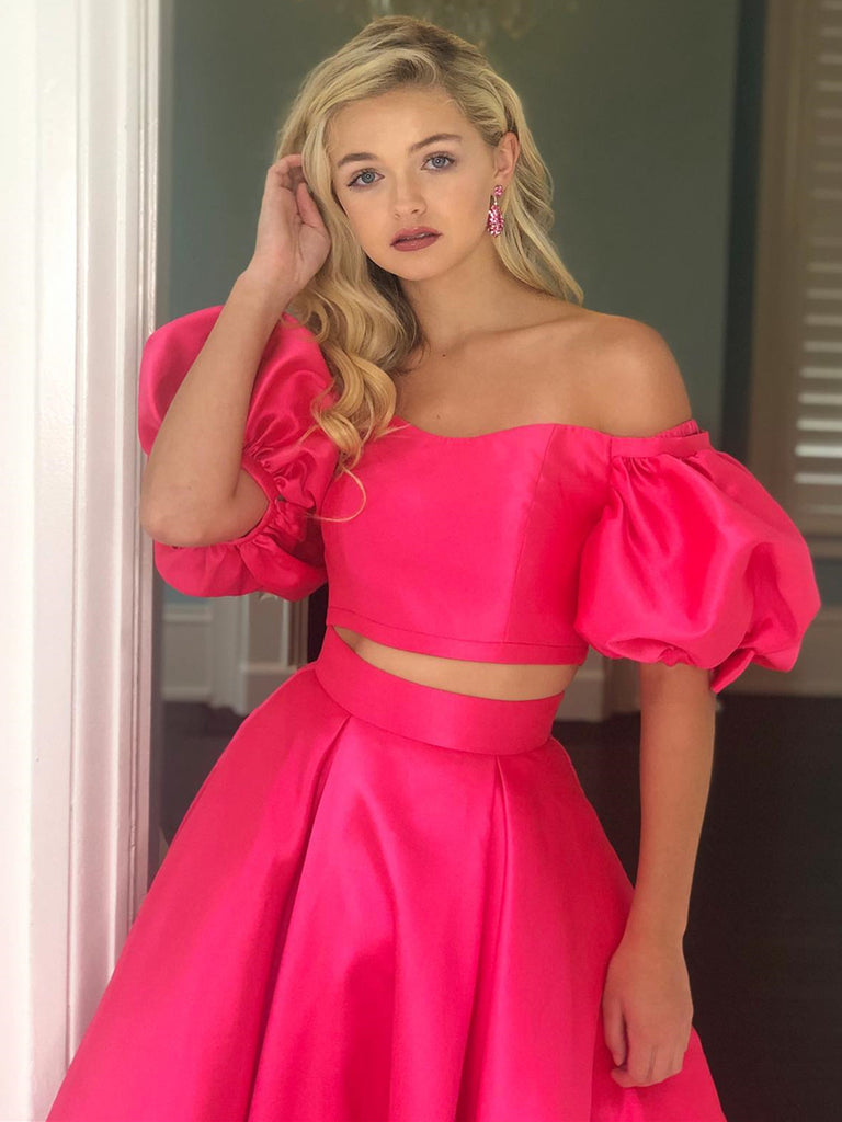 Off the Shoulder 2 Pieces Hot Pink Long Prom Dresses, Off Shoulder Hot Shiny Party Off the Shoulder 2 Pieces Hot Pink Long Prom Dresses, Off Shoulder Hot Shiny Party