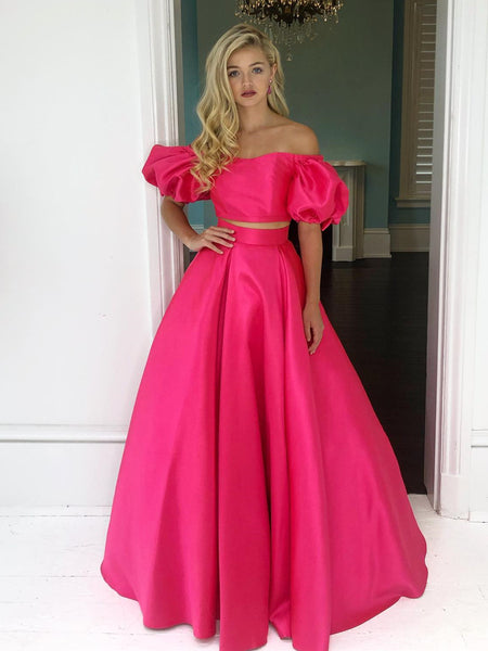 Off the Shoulder 2 Pieces Hot Pink Long Prom Dresses, Off Shoulder Hot Pink Formal Dresses, Hot Pink Evening Dresses