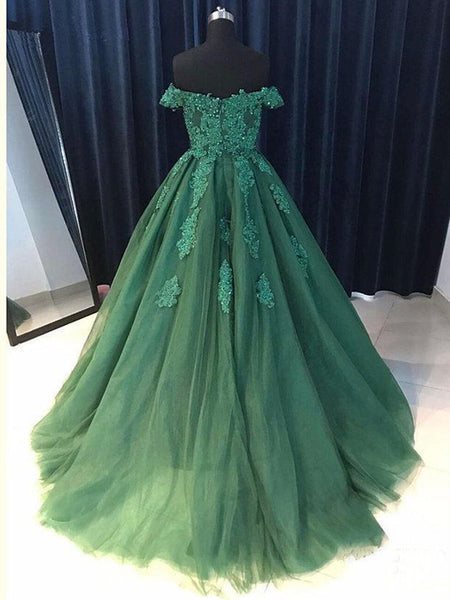 Off the Shoulder Beaded Emerald Green Lace Long Prom Dresses, Off Shoulder Green Lace Formal Evening Dresses, Green Ball Gown