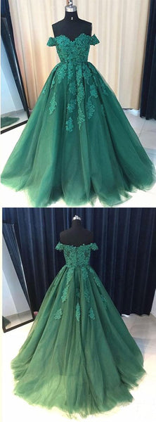 Off the Shoulder Beaded Emerald Green Lace Long Prom Dresses, Off Shoulder Green Lace Formal Evening Dresses, Green Ball Gown