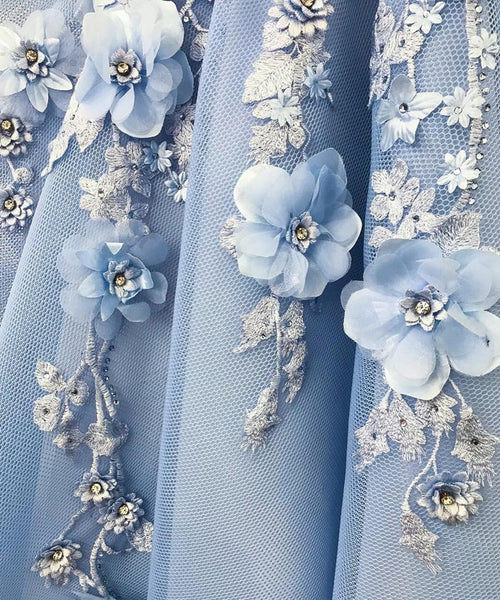 Off the Shoulder Blue Lace Floral Prom Dresses Long, Off Shoulder Blue 3D Flowers Long Formal Evening Dresses