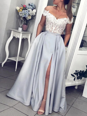 Off the Shoulder Gray Lace Long Prom Dresses, Gray Off Shoulder Lace Formal Evening Dresses