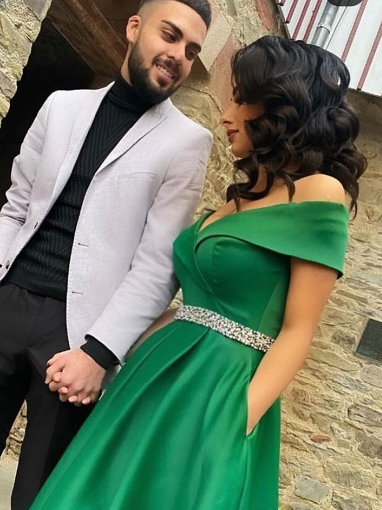 Off the Shoulder Green Satin Long Prom Dresses with Belt, Off Shoulder Green Formal Graduation Evening Dresses SP2130 Off the Shoulder Green Satin Long Prom Dresses with Belt, Off Shoulder Green Formal Graduation Evening Dresses SP2130
