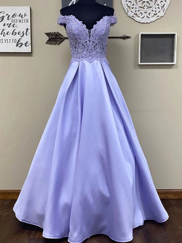 Off the Shoulder Lace Top Purple Long Prom Dresses, Off Shoulder Purple Formal Dresses, Purple Lace Evening Dresses
