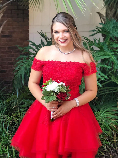 Off the Shoulder Layered Red Lace Short Prom Homecoming Dresses, Off Shoulder Red Formal Dresses, Red Lace Evening Dresses SP2070