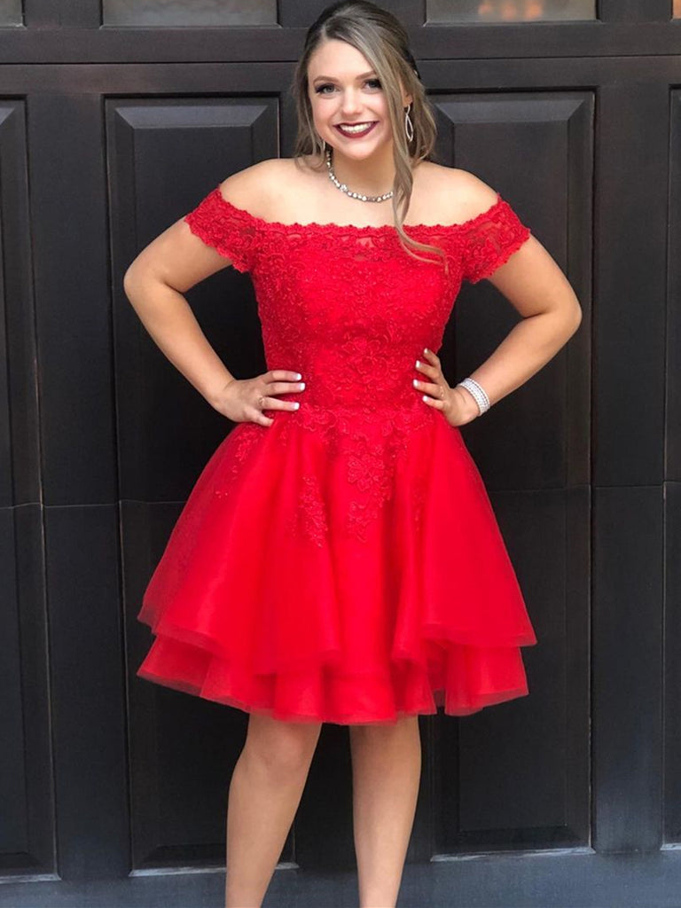Off the Shoulder Layered Red Lace Short Prom Homecoming Dresses, Off Shoulder Red Formal Dresses, Red Lace Evening Dresses SP2070
