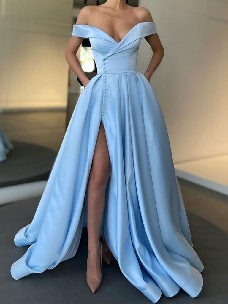Off the Shoulder Light Blue Satin Long Prom Dresses with Slit, Off Shoulder Light Blue Formal Evening Dresses