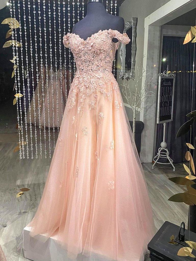 Off the Shoulder Pink Lace Prom Dresses, Off Shoulder Pink Formal Dresses, Pink Lace Evening Dresses