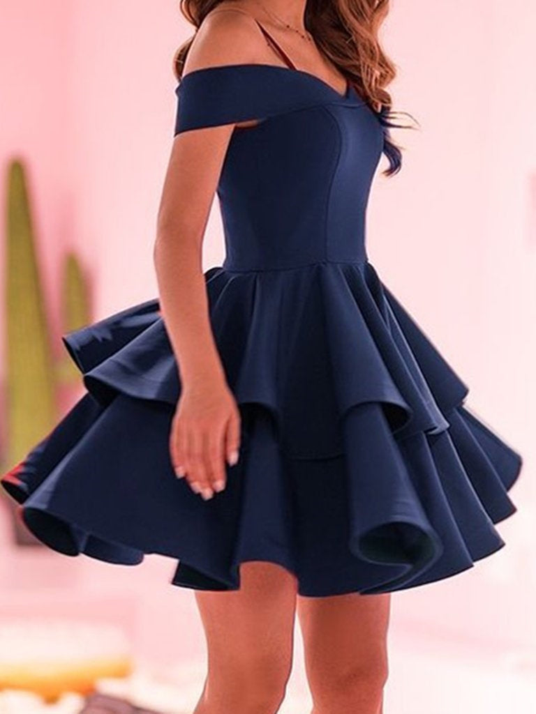 Cute Off Shoulder Layered Navy Blue/Red Short Prom Dresses, Off the Sh Shiny Party Cute Off Shoulder Layered Navy Blue/Red Short Prom Dresses, Off the Sh Shiny Party