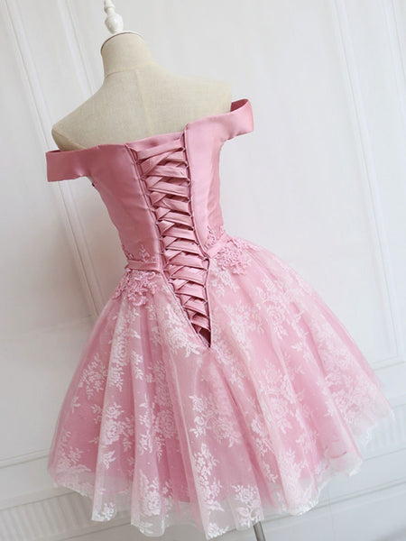 Off the Shoulder Short Pink Lace Prom Dresses, Off Shoulder Pink Homecoming Dresses, Short Pink Formal Evening Dresses